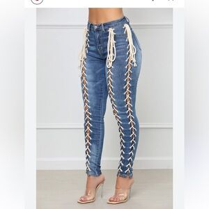 MA CHERIE S Lace-Up Skinny Blue Jeans Pants Peek a Boo Stretchy Sexy Feminine